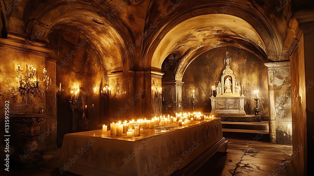 Obraz premium Candlelit crypt interior with altar, arched ceilings, and aged walls.