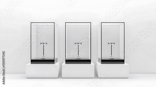 Three Glass Display Cases with Metal Objects - Clean Minimalist 3D Render AI Generated