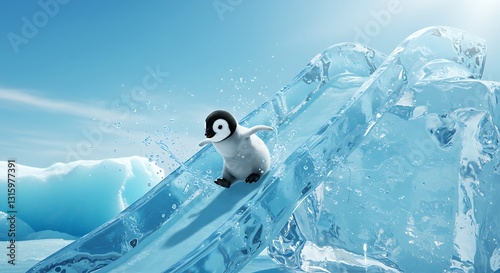 A tiny penguin sliding down an ice cube, fun and playful.