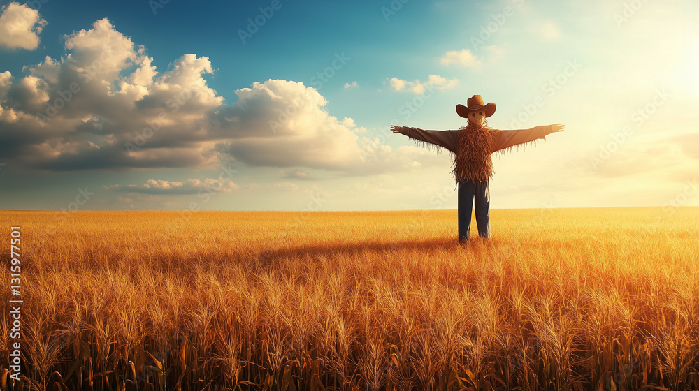 Scarecrow Standing Tall in a Golden Wheat Field Scarecrow Standing Tall in a Golden Wheat Field
