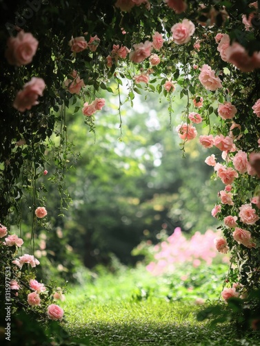 Enchanting garden path framed by cascading pink roses and lush greenery creating a serene and romantic atmosphere with soft light and natural beauty
