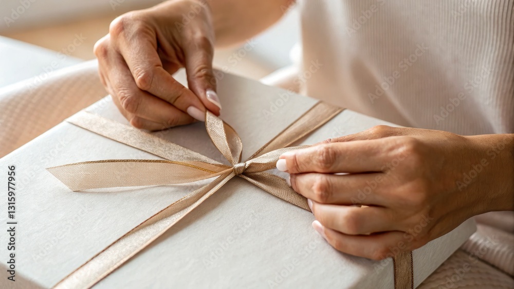 Close-up of a woman's hands tying a delicate golden ribbon on a beautifully wrapped gift box, symbolizing celebration, surprise, and thoughtful giving. Close-up of a woman's hands tying a delicate golden ribbon on a beautifully wrapped gift box, symbolizing celebration, surprise, and thoughtful giving.