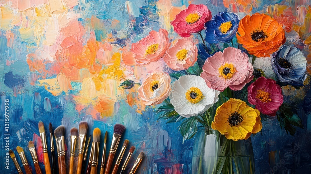 Fototapeta premium Colorful flower bouquet on artist's palette with paintbrushes