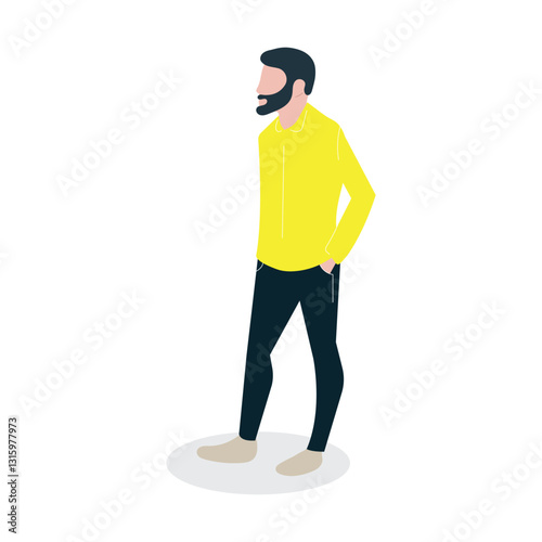 Bearded man standing, yellow shirt, white background, profile view, website design