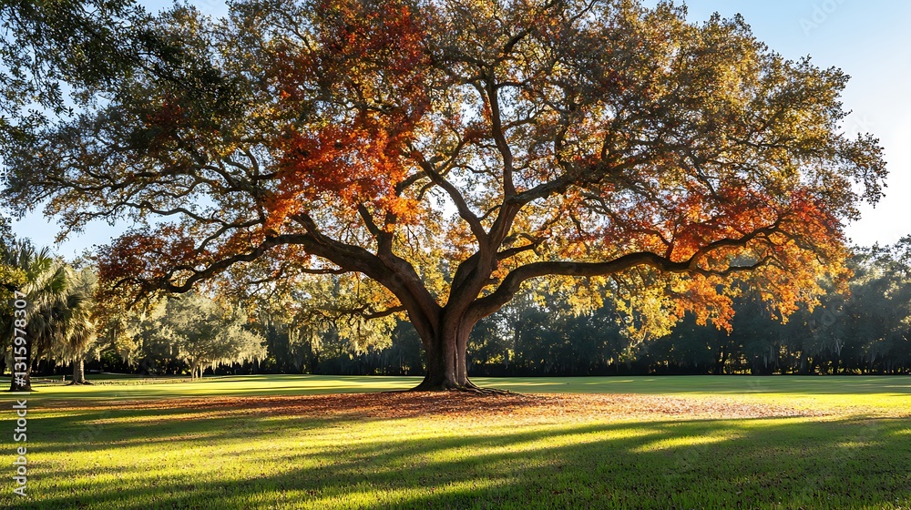 Naklejka premium Majestic oak tree in autumn, displaying vibrant red and orange leaves, standing in a sunlit field.