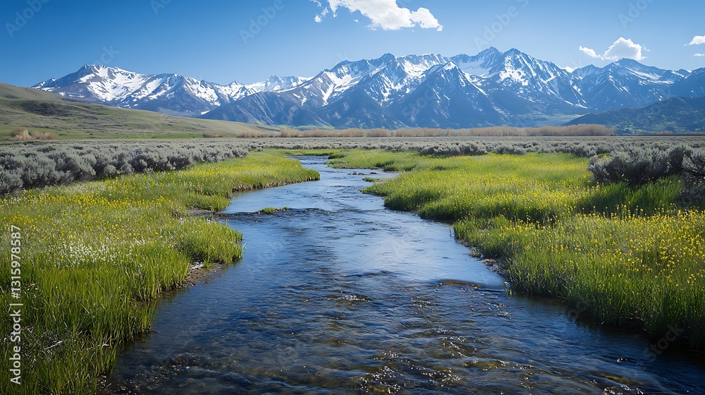 Fototapeta premium Serene stream flows through vibrant green meadow towards snow-capped mountains under a bright blue sky.