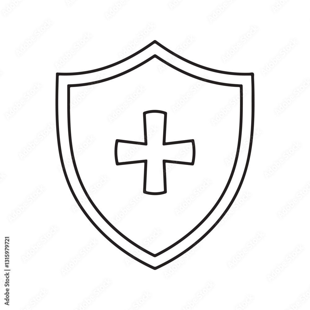 Black and white shield with medical cross silhouette. Health protection concept. Healthcare themed vector illustration for poster, leaflet, certificate, flayer or invitation background Black and white shield with medical cross silhouette. Health protection concept. Healthcare themed vector illustration for poster, leaflet, certificate, flayer or invitation background