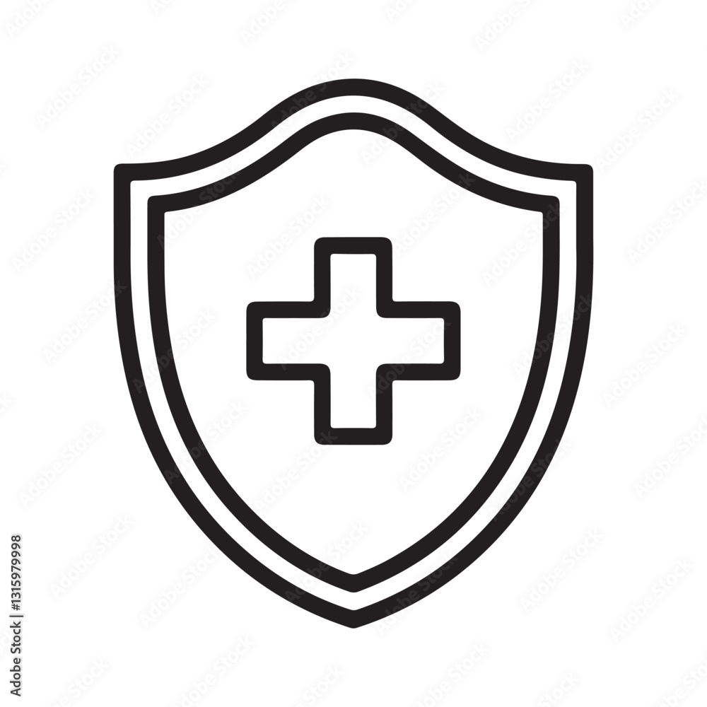 Black and white shield with medical cross silhouette. Health protection concept. Healthcare themed vector illustration for poster, leaflet, certificate, flayer or invitation background Black and white shield with medical cross silhouette. Health protection concept. Healthcare themed vector illustration for poster, leaflet, certificate, flayer or invitation background
