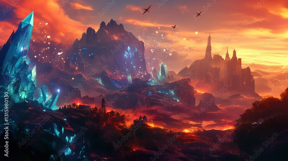 Obraz premium Fantasy Landscape Majestic Crystal Mountains and a Sunset Kingdom