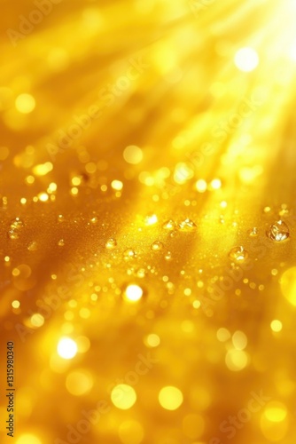 Glistening golden surface with water droplets reflecting sunlight creating a warm and inviting abstract background with a bokeh effect and a high angle