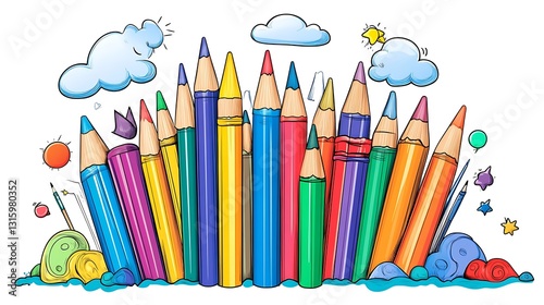 Colorful Hand-Drawn Illustration of Pencils Against a Whimsical Sky AI Generated
