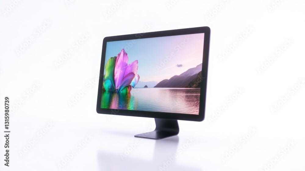 Sleek Black Desktop Computer Screen Mockup with Vibrant Nature Image Sleek Black Desktop Computer Screen Mockup with Vibrant Nature Image
