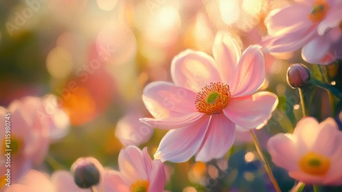 Pink flowers sunset garden nature background, greeting card