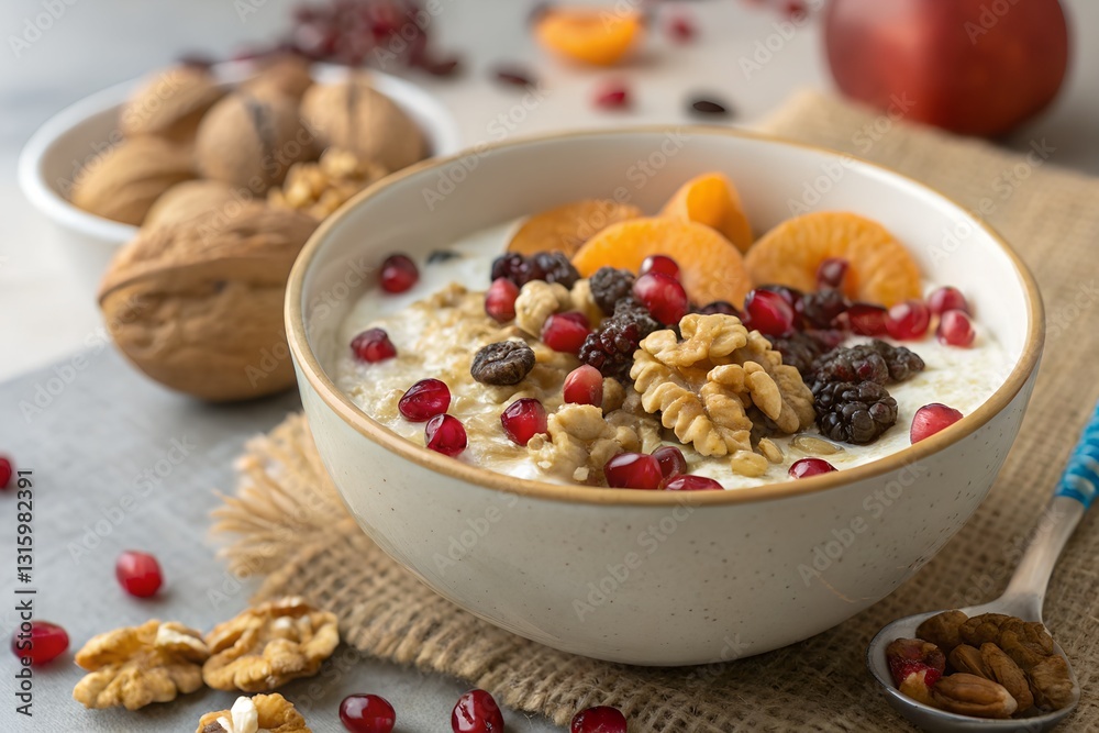 Healthy oatmeal breakfast bowl with walnuts, pomegranate seeds, blackberries and mandarin oranges Healthy oatmeal breakfast bowl with walnuts, pomegranate seeds, blackberries and mandarin oranges