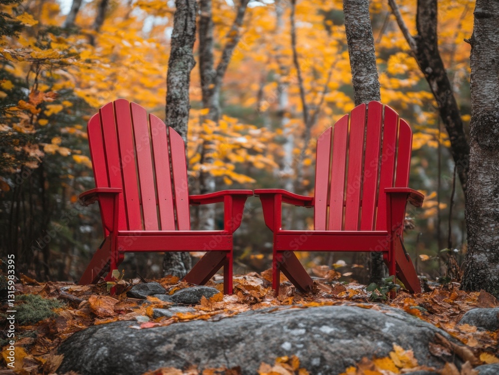 Two Vibrant Red Adirondack Chairs Nestled Among Golden Autumn Leaves in a Tranquil Forest Setting Two Vibrant Red Adirondack Chairs Nestled Among Golden Autumn Leaves in a Tranquil Forest Setting