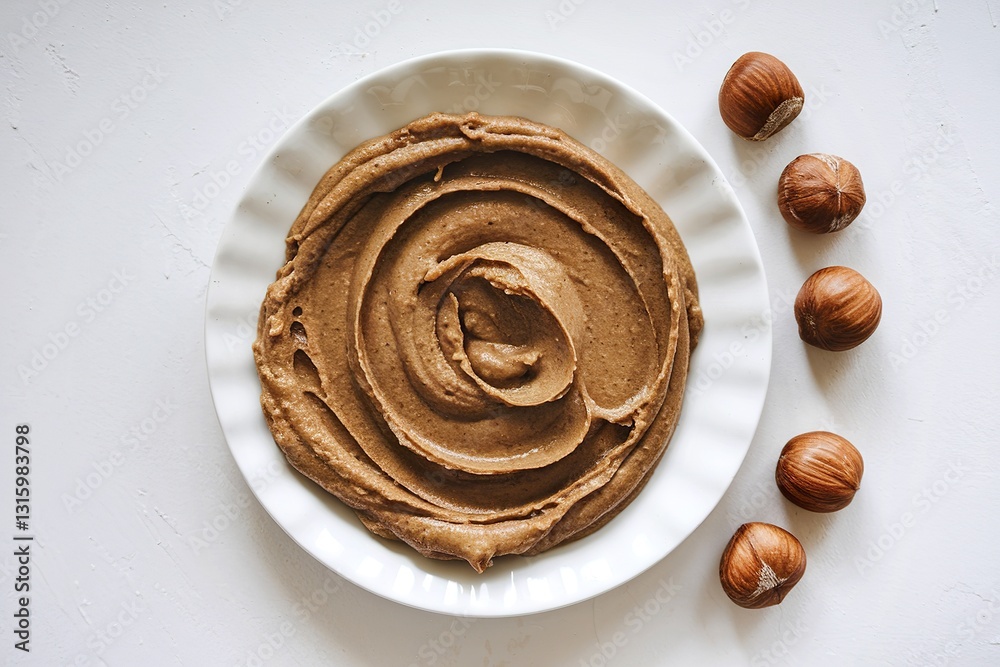 A photo of a plate of hazelnut butter on a white background A photo of a plate of hazelnut butter on a white background