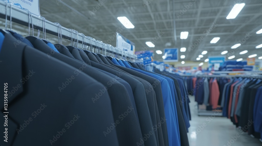 Obraz premium Neatly Arranged Suits Hanging on a Rack in a Clothing Store Showcasing Variety for Formal Wear and Professional Attire