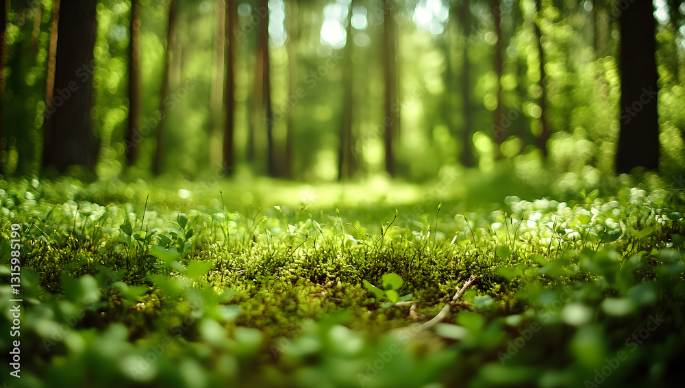 Fototapeta premium Sunlit Leaves with Bokeh in a Lush Green Forest