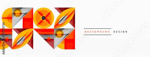 Geometric abstract composition with intersecting shapes, circles, triangles, and gradients, blending vibrant colors and dynamic contrasts to create a modern, futuristic visual design