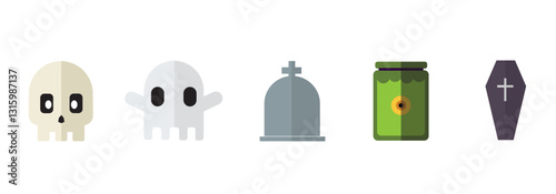 Flat Halloween Icons Set – Skull, Ghost, Tombstone, Jar, Coffin