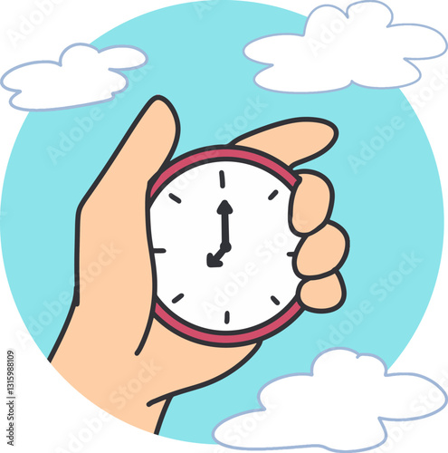 Time Management Concept Clock in Hand Vector Art. Perfect for themes related to time management, punctuality, and controlling schedule, Ideal for use in educational material, motivational poster