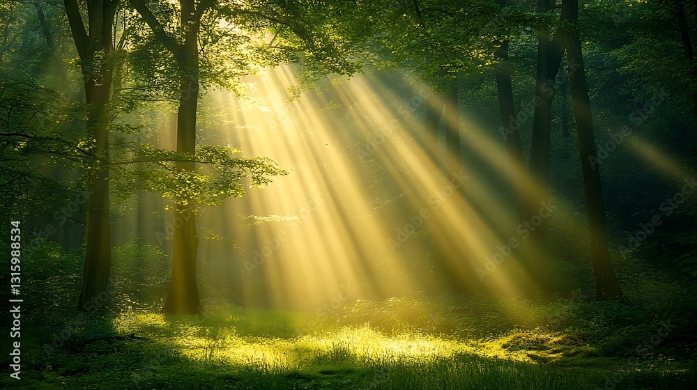 Fototapeta premium Sunbeams piercing through lush green forest canopy.