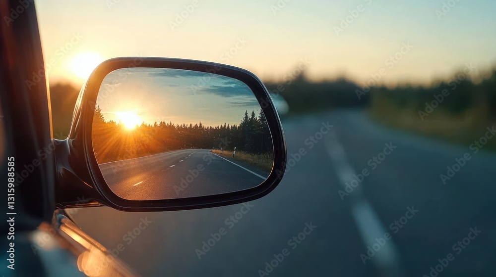 Sunset Reflection In Car Side Mirror Showing Road And Scenic Nature View Sunset Reflection In Car Side Mirror Showing Road And Scenic Nature View
