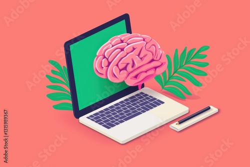 AI Generated Online Learning Concept with Creative Brain and Laptop Illustration