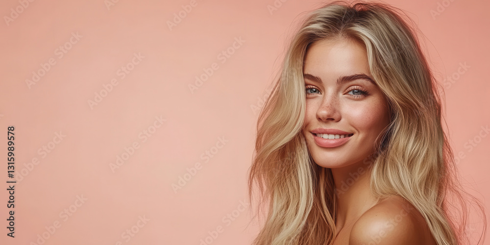 Fototapeta premium Smiling blonde woman with freckles, pink background.