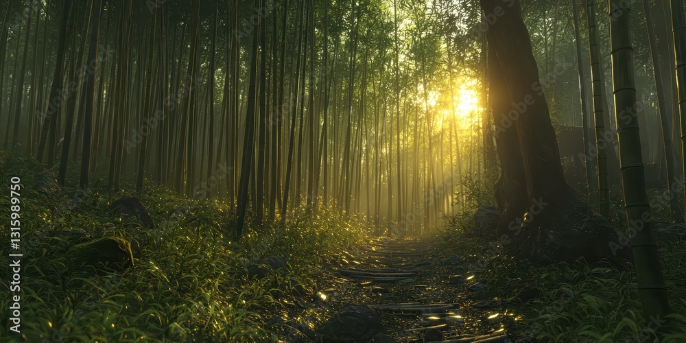 Fototapeta premium Tranquil Bamboo Forest Path with Soft Sunlight Breaking Through
