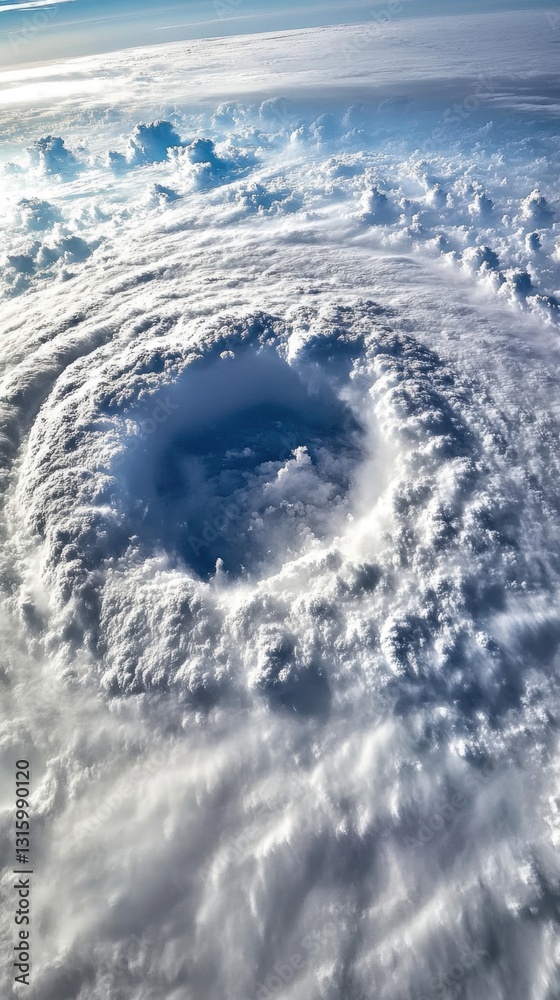 Fototapeta premium Aerial View of a Majestic Hurricane Eye with Swirling Clouds and Atmospheric Beauty from High Altitude Perspective