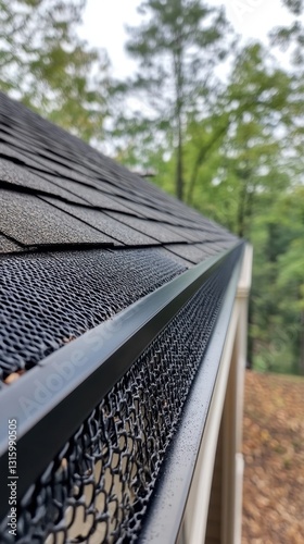 Close up of a roof gutter with black mesh guard installation against a blurred background of trees and sky for home maintenance