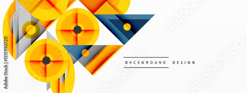 Geometric abstract composition with intersecting shapes, circles, triangles, and gradients, blending vibrant colors and dynamic contrasts to create a modern, futuristic visual design