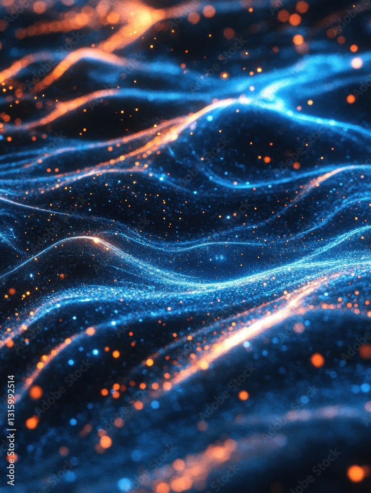 Obraz premium Abstract luminous waves in blue and orange hues creating a futuristic digital landscape with bokeh effect
