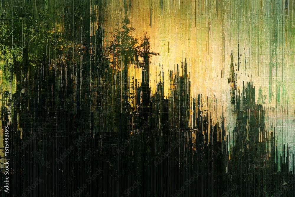 Abstract Forest Sunset: Digital Art, Pixelated, Trees, Nature, Landscape, Green, Yellow, Dark, Vertical Lines, Grunge Abstract Forest Sunset: Digital Art, Pixelated, Trees, Nature, Landscape, Green, Yellow, Dark, Vertical Lines, Grunge