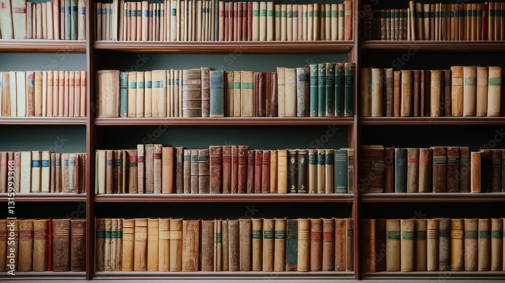 Full Bookshelf Displaying Rows Of Antiquated Books In Brown And Green Tones Full Bookshelf Displaying Rows Of Antiquated Books In Brown And Green Tones