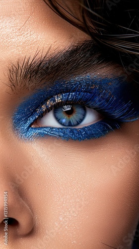 Striking electric blue mascara and eyeliner enhance the eyes, while a smooth complexion creates a captivating look in a vibrant makeup setting