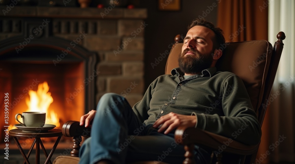 Fototapeta premium Relaxation break for national napping day enjoying rest by the cozy fire capturing the essence of comfort