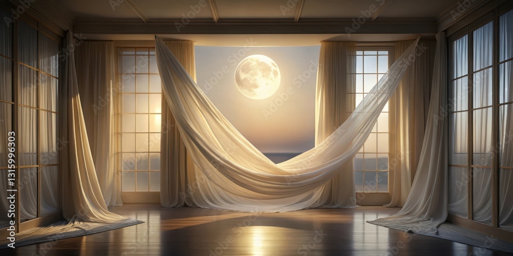 Obraz premium Serene interior with billowing curtains, sunlight, and a large moon visible through expansive windows