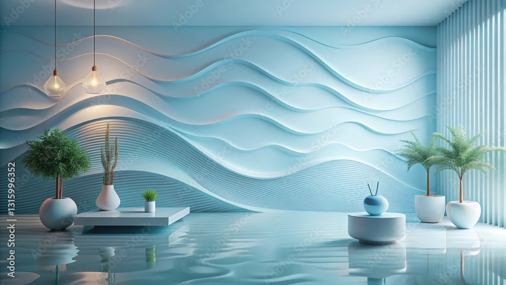 Serene Minimalist Interior Design with Flowing Wave Wall Decor and Reflective Floor Serene Minimalist Interior Design with Flowing Wave Wall Decor and Reflective Floor