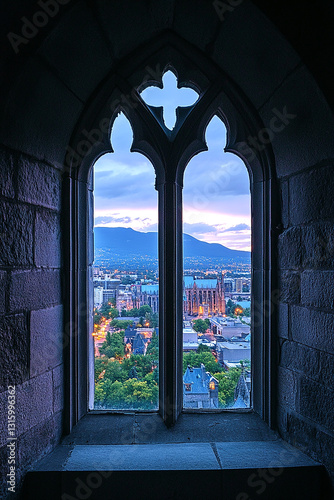 A window in the tower of Montreal's Gothic ai generated photo
