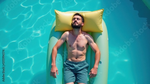 Relaxation break for national napping day man floating in pool serenity summer chill vibes photo