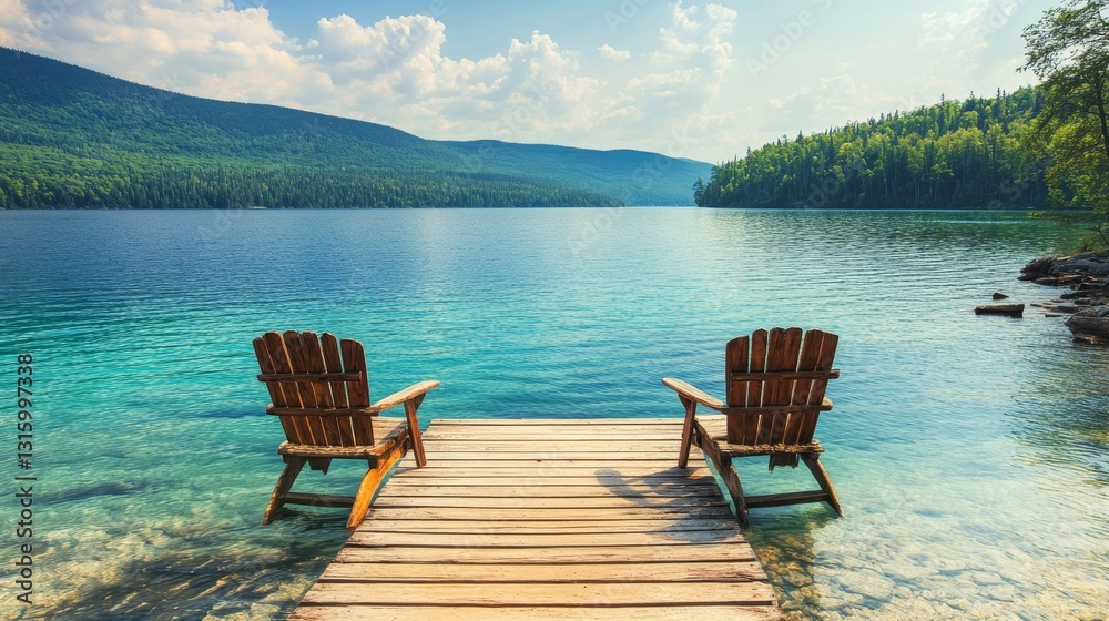 Adirondack chairs are positioned on a wooden dock, providing a relaxing spot to take in the beauty of a blue lake Adirondack chairs are positioned on a wooden dock, providing a relaxing spot to take in the beauty of a blue lake