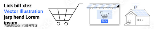 Shopping cart, e-commerce storefront with Buy button, and home with a delivery package. Ideal for online retail, e-commerce, logistics, delivery, home services, digital shopping flat landing page