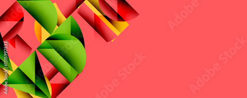 Abstract geometric background with layered gradient shapes forming dynamic patterns. Overlapping semi circles and triangles create depth and contrast