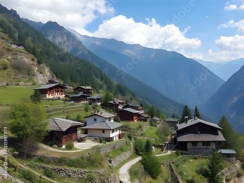 Picturesque Alpine Village Nestled in Mountains, Scenic Landscape, Houses, Nature, Travel Destination.