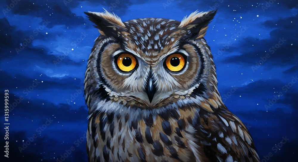 Owl with Wise Mood Observing Against Night Sky Background Owl with Wise Mood Observing Against Night Sky Background