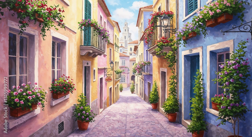 Obraz premium European Village Street in Bright Style Representing Idyllic Atmosphere