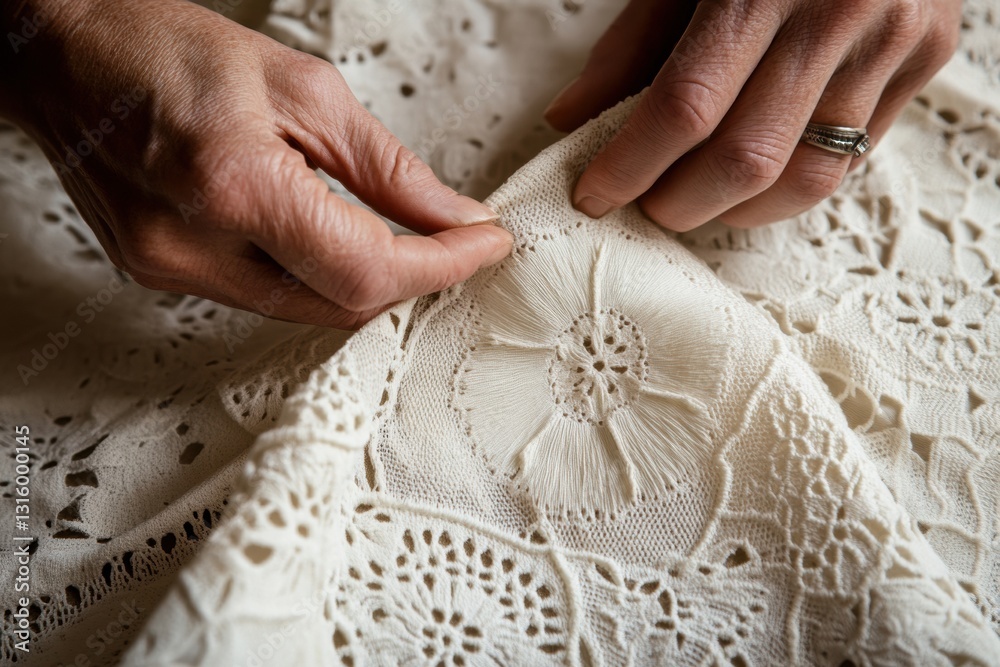 Obraz premium Artisanal Craftsmanship Sustainable Slow Fashion Detailing with Intricate Richelieu Lace Handwork - Preserving Traditional Textile Artistry in Modern Design