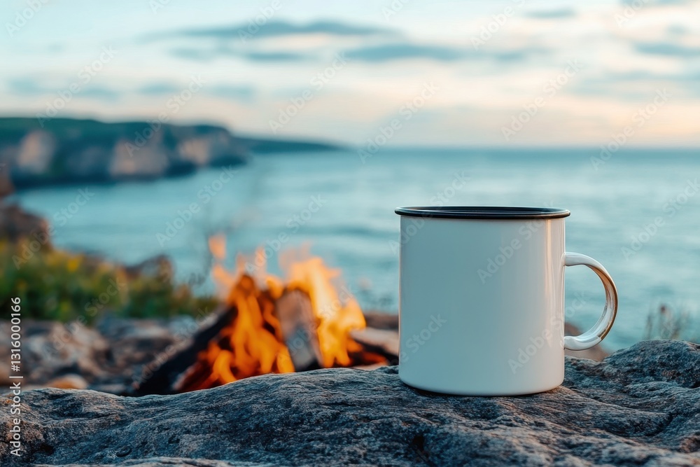 Obraz premium White enamel mug by campfire, ocean view. Perfect for travel, camping, or cozy vibes.